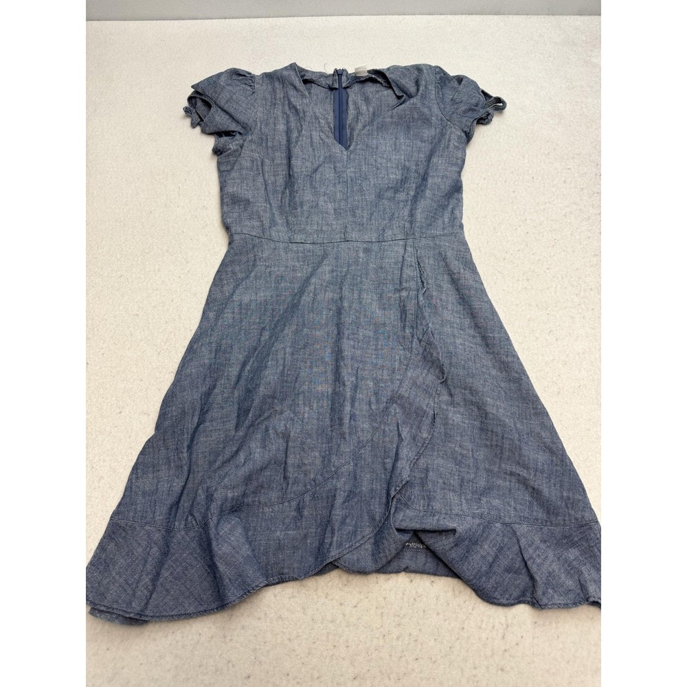 J.Crew Dress Womens 2 Blue Chambray Puff Sleeve Wrap V Neck Ruffle Hem